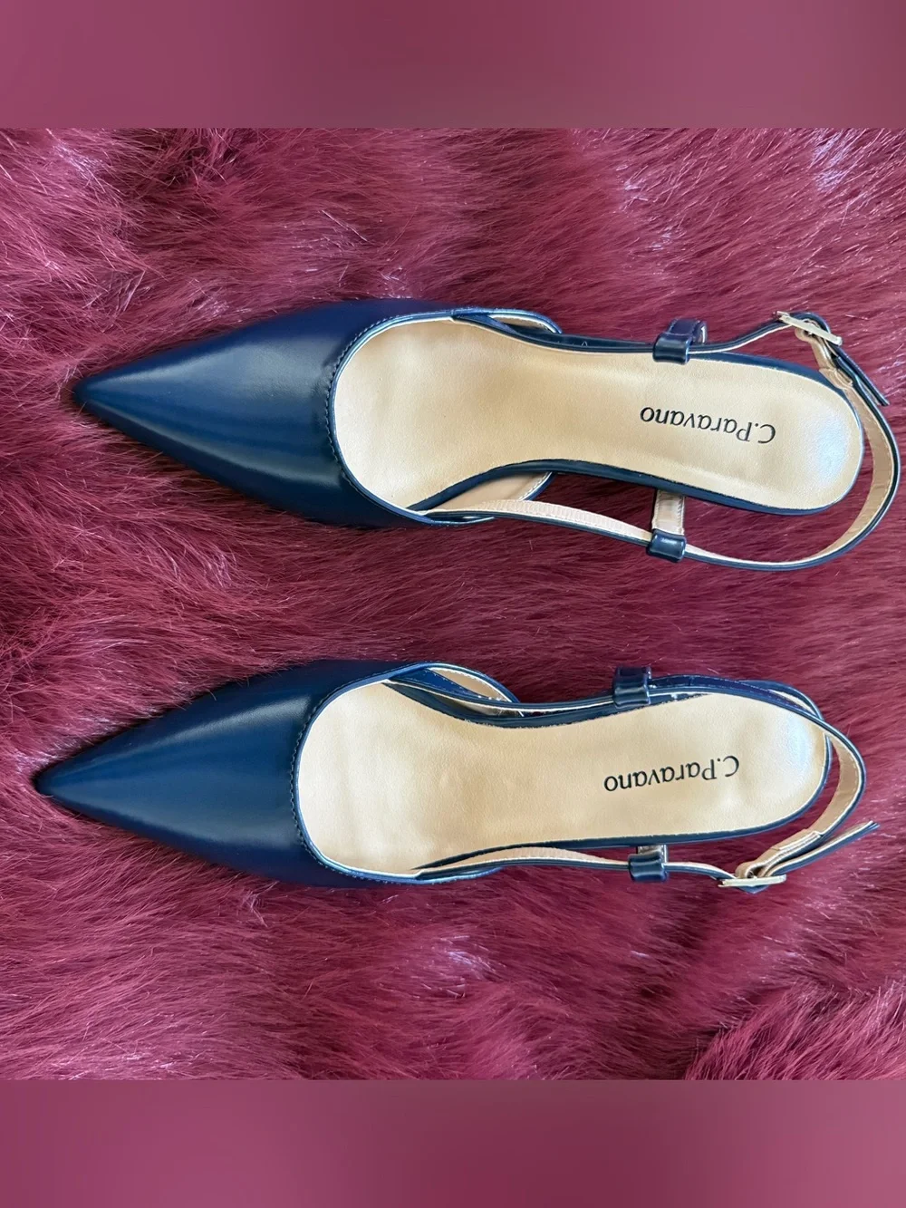 C. Paravano Navy Pointed Toe Slingback Pumps Kitten Heels Size 36 NWOB.